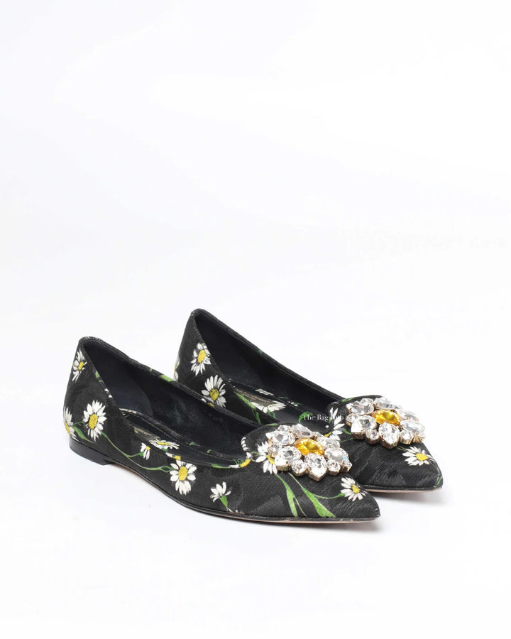 DOLCE &amp; GABBANA FLORAL PRINT BROCADE CRYSTAL EMBELLISHED FLATS