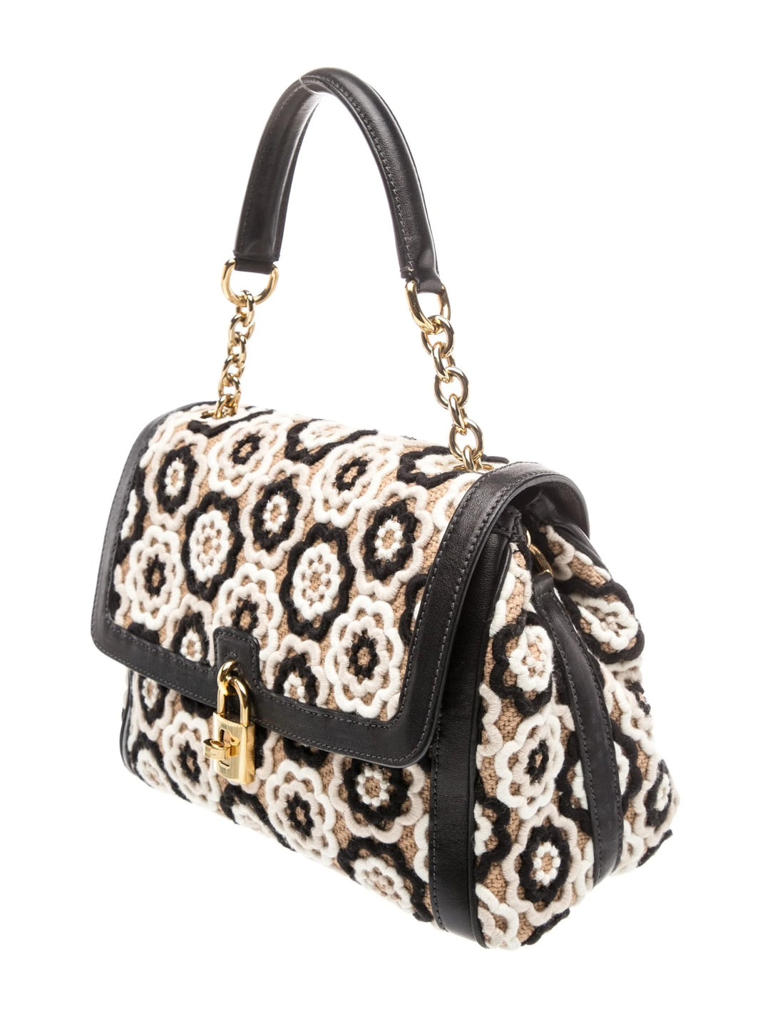 DOLCE &amp; GABBANA CROCHET RAFFIA LEATHER TRIMMED PADLOCK FLAP BAG