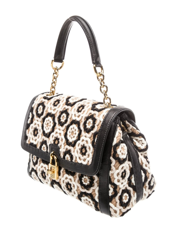 DOLCE &amp; GABBANA CROCHET RAFFIA LEATHER TRIMMED PADLOCK FLAP BAG