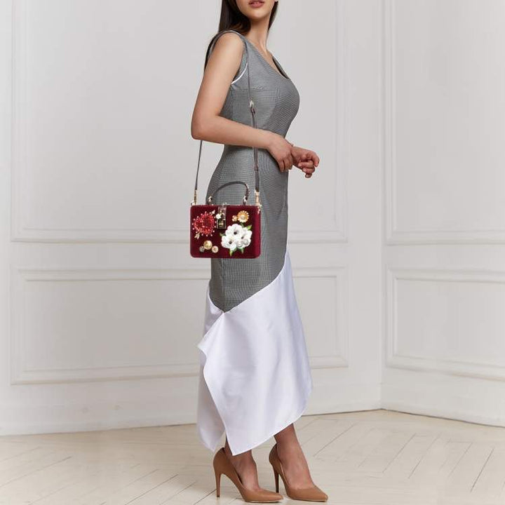 DOLCE &amp; GABBANA VELVET LIZARD EMBOSSED LEATHER EMBELLISHED BOX BAG