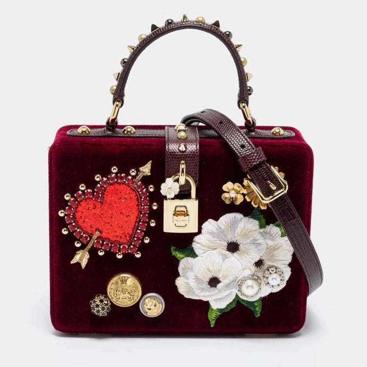 DOLCE &amp; GABBANA VELVET LIZARD EMBOSSED LEATHER EMBELLISHED BOX BAG