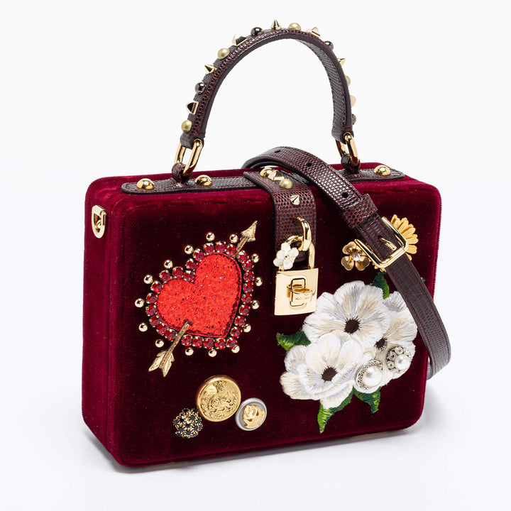 DOLCE &amp; GABBANA VELVET LIZARD EMBOSSED LEATHER EMBELLISHED BOX BAG