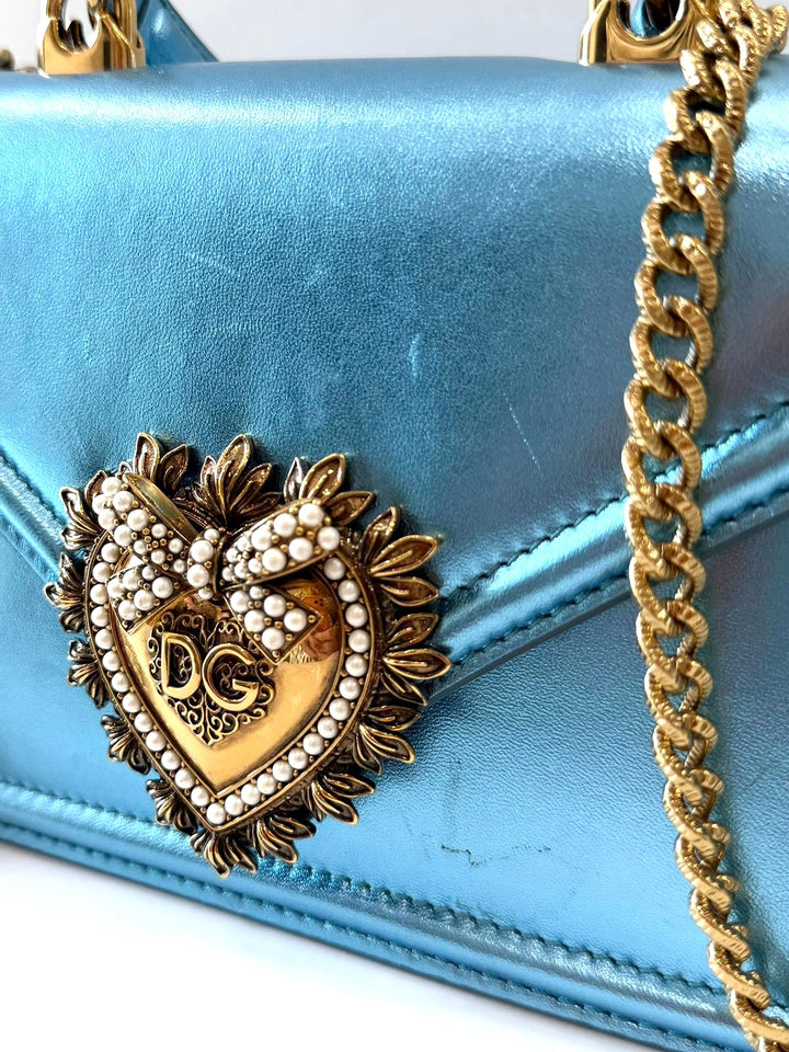 DOLCE &amp; GABBANA LAMINATED CALFSKIN DEVOTION RHINESTONE CHAIN BAG