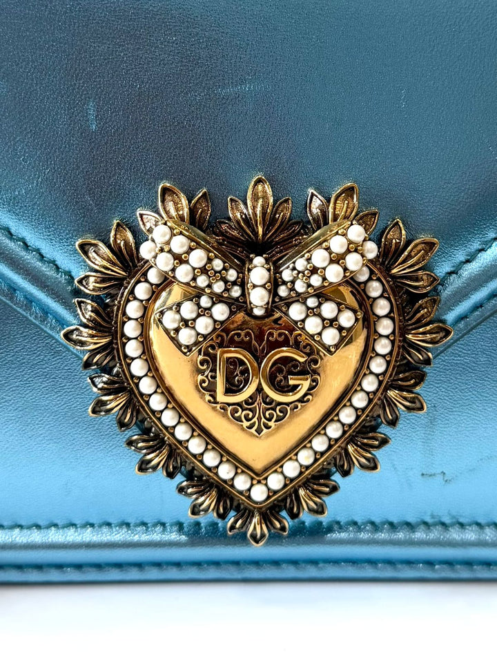 DOLCE &amp; GABBANA LAMINATED CALFSKIN DEVOTION RHINESTONE CHAIN BAG