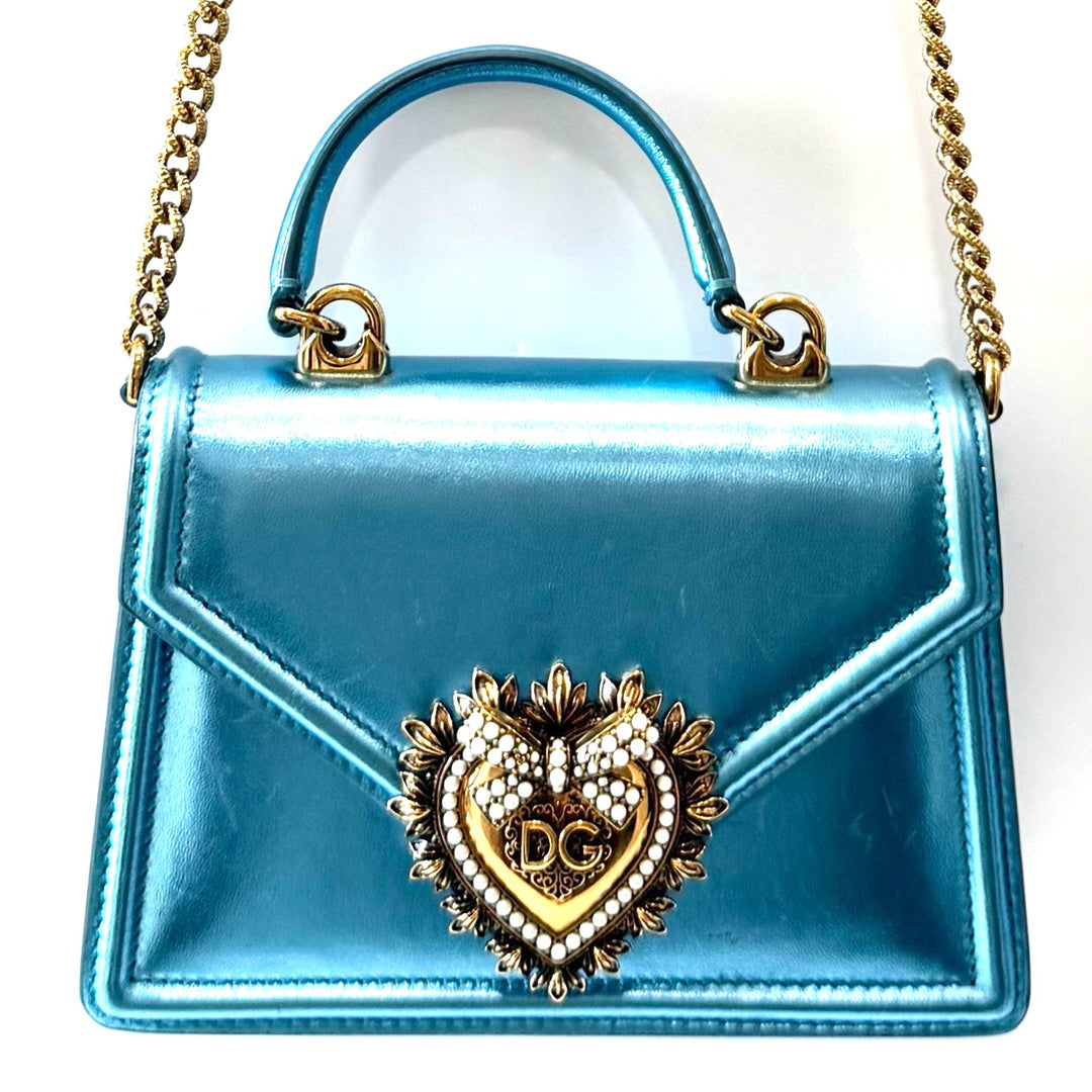 DOLCE &amp; GABBANA LAMINATED CALFSKIN DEVOTION RHINESTONE CHAIN BAG