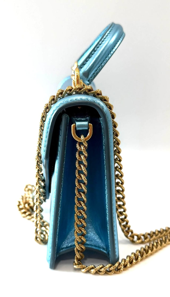 DOLCE &amp; GABBANA LAMINATED CALFSKIN DEVOTION RHINESTONE CHAIN BAG