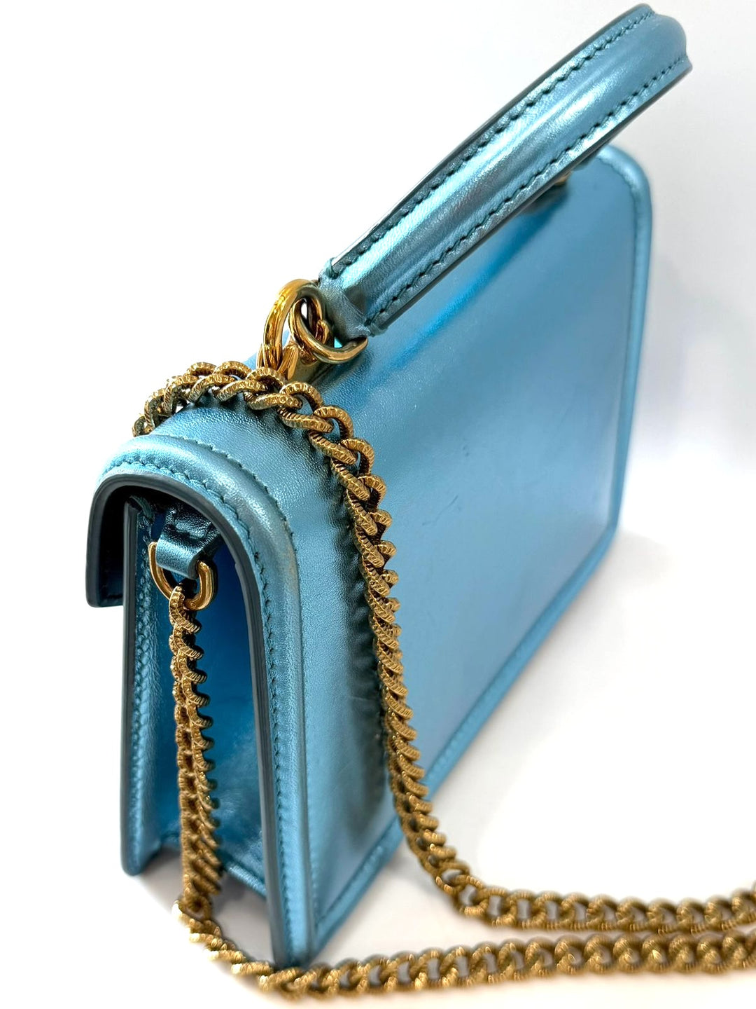 DOLCE &amp; GABBANA LAMINATED CALFSKIN DEVOTION RHINESTONE CHAIN BAG
