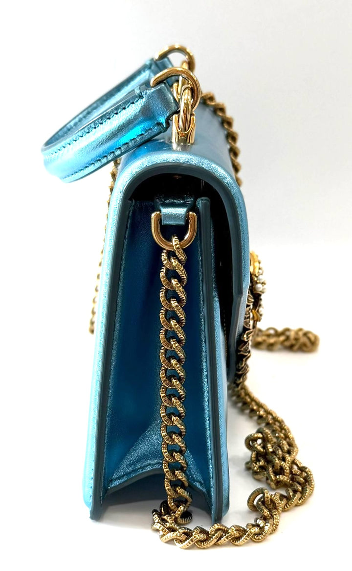 DOLCE &amp; GABBANA LAMINATED CALFSKIN DEVOTION RHINESTONE CHAIN BAG