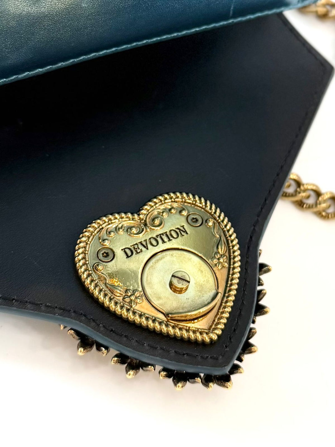 DOLCE &amp; GABBANA LAMINATED CALFSKIN DEVOTION RHINESTONE CHAIN BAG