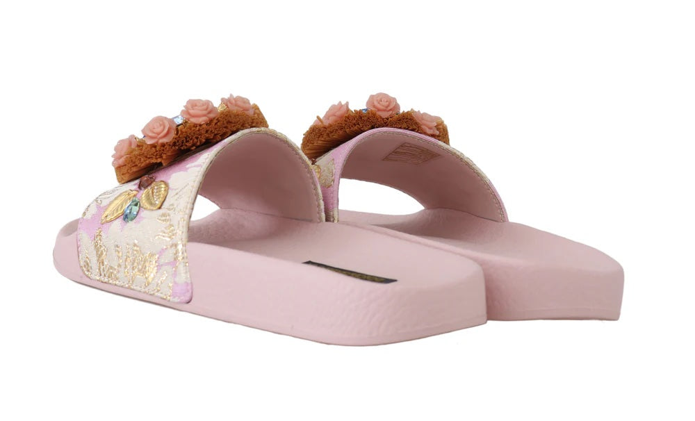 DOLCE &amp; GABBANA PINK JACQUARD CRYSTAL EMBELLISHED SLIDES