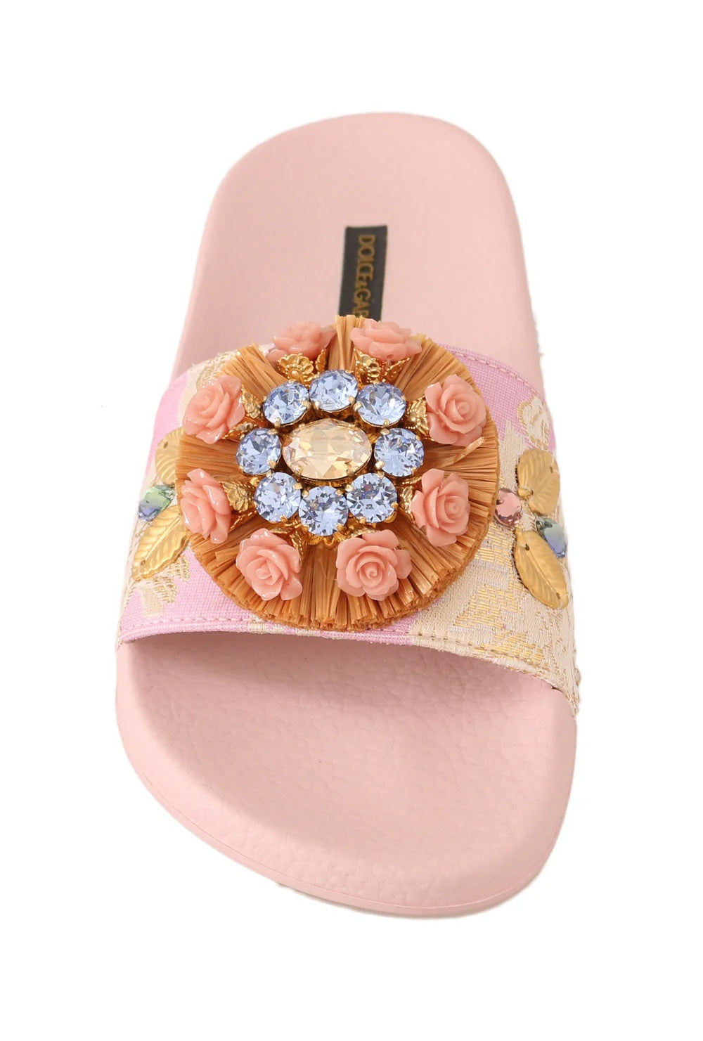 DOLCE &amp; GABBANA PINK JACQUARD CRYSTAL EMBELLISHED SLIDES