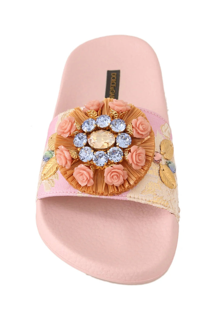 DOLCE &amp; GABBANA PINK JACQUARD CRYSTAL EMBELLISHED SLIDES