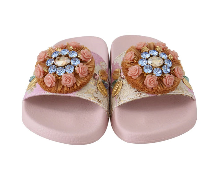DOLCE &amp; GABBANA PINK JACQUARD CRYSTAL EMBELLISHED SLIDES