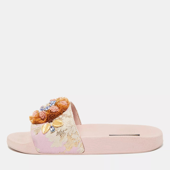 DOLCE &amp; GABBANA PINK JACQUARD CRYSTAL EMBELLISHED SLIDES