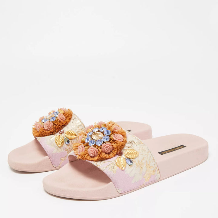 DOLCE &amp; GABBANA PINK JACQUARD CRYSTAL EMBELLISHED SLIDES