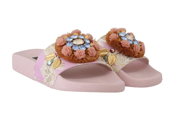 DOLCE &amp; GABBANA PINK JACQUARD CRYSTAL EMBELLISHED SLIDES