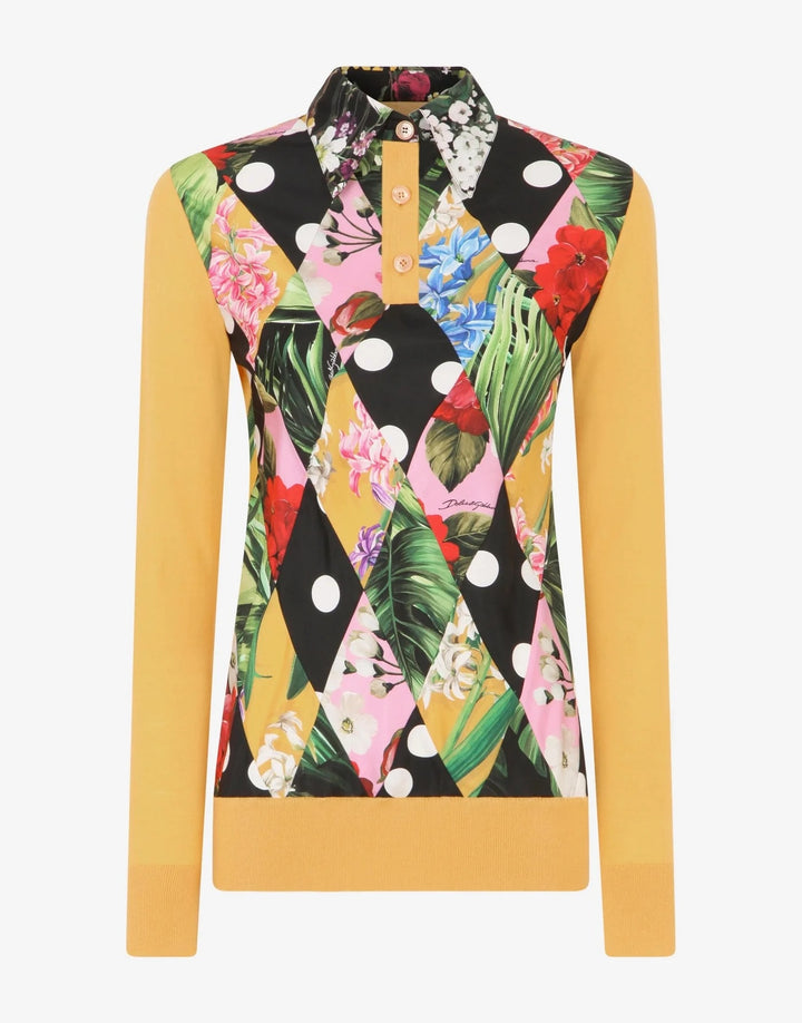 DOLCE &amp; GABBANA MULTICOLOR PATCHWORK SILK CASHMERE HENLEY SWEATER
