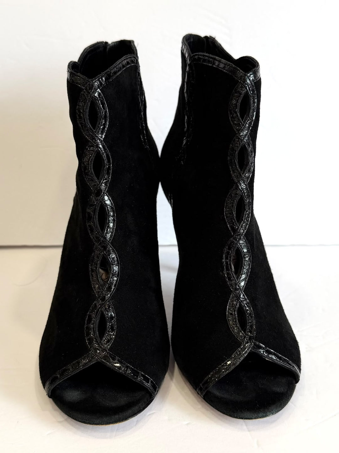 ELIE TAHARI SUEDE BRAIDED-TRIM PEEP-TOE ANKLE BOOTIES