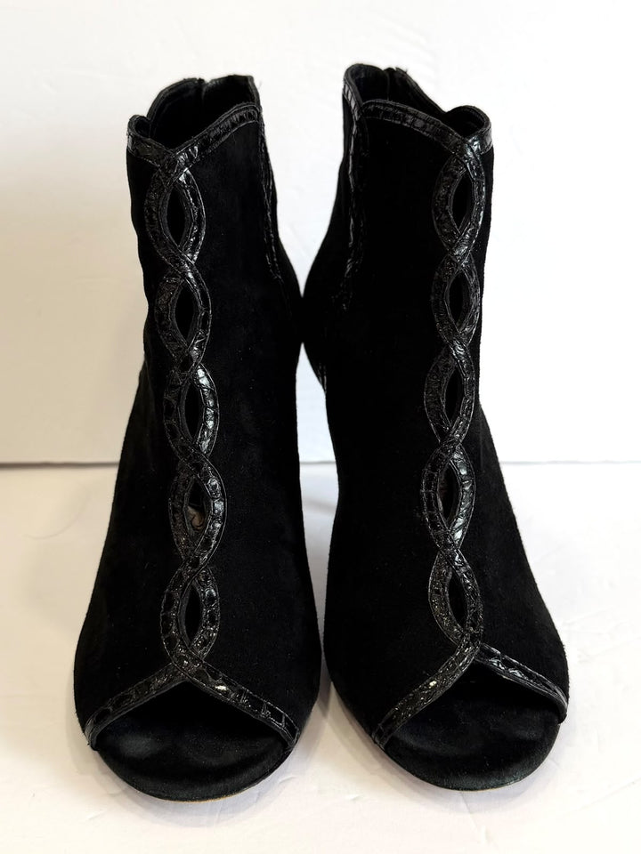 ELIE TAHARI SUEDE BRAIDED-TRIM PEEP-TOE ANKLE BOOTIES