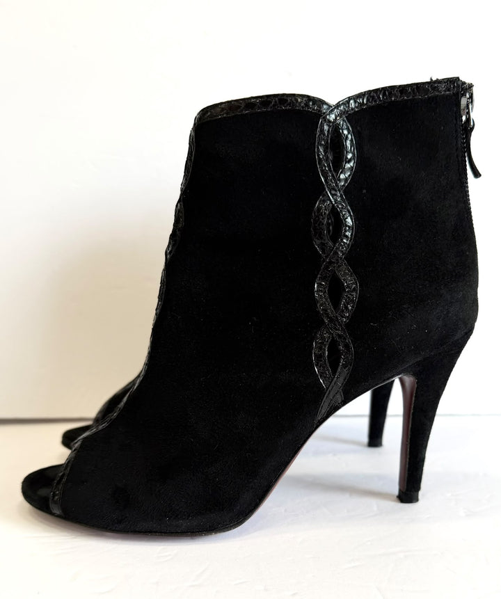 ELIE TAHARI SUEDE BRAIDED-TRIM PEEP-TOE ANKLE BOOTIES