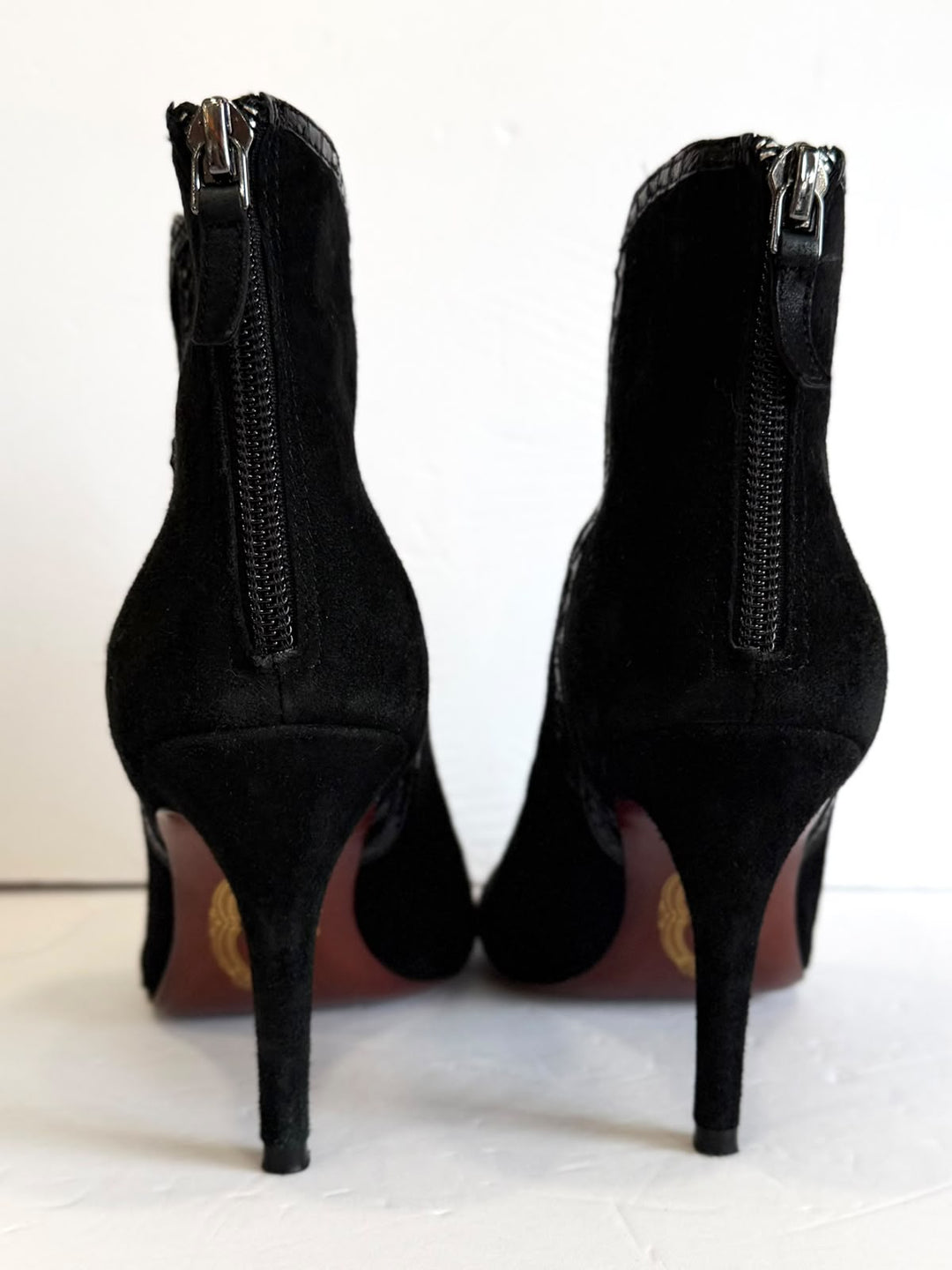 ELIE TAHARI SUEDE BRAIDED-TRIM PEEP-TOE ANKLE BOOTIES