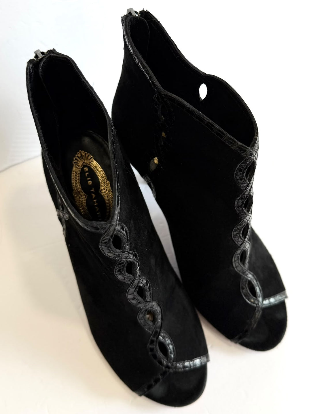ELIE TAHARI SUEDE BRAIDED-TRIM PEEP-TOE ANKLE BOOTIES