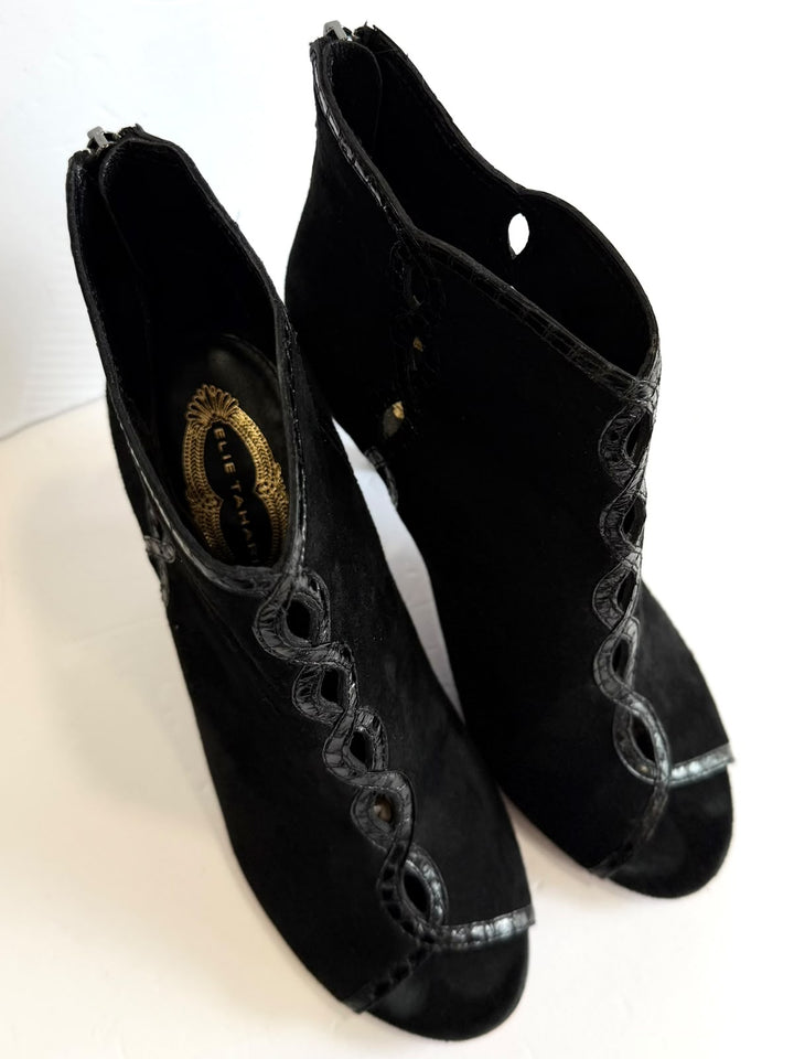 ELIE TAHARI SUEDE BRAIDED-TRIM PEEP-TOE ANKLE BOOTIES