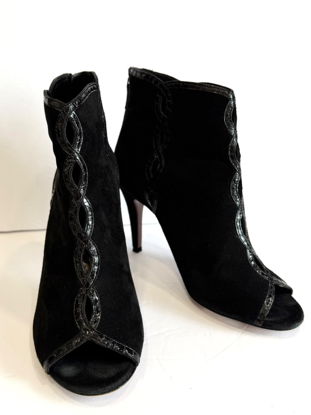 ELIE TAHARI SUEDE BRAIDED-TRIM PEEP-TOE ANKLE BOOTIES