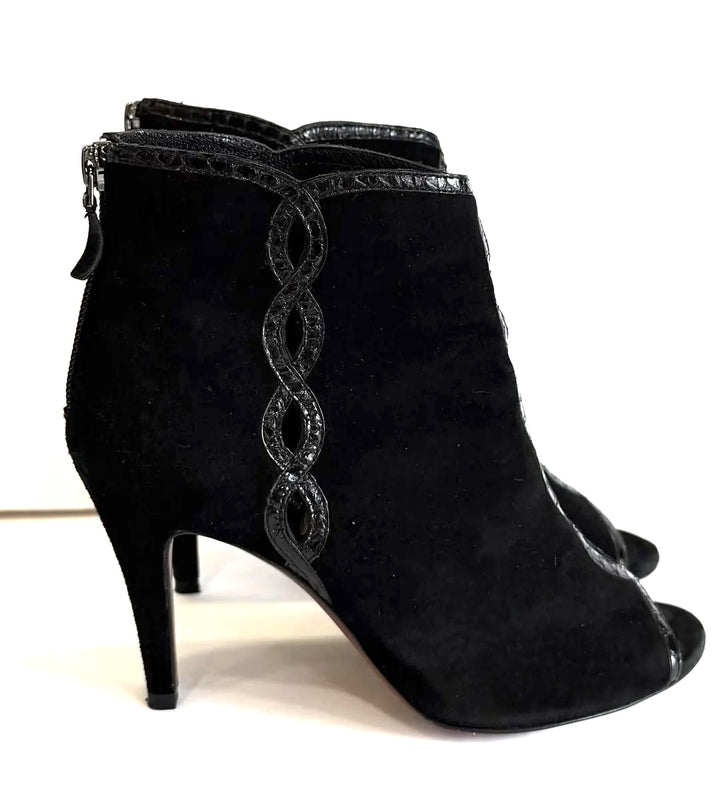 ELIE TAHARI SUEDE BRAIDED-TRIM PEEP-TOE ANKLE BOOTIES