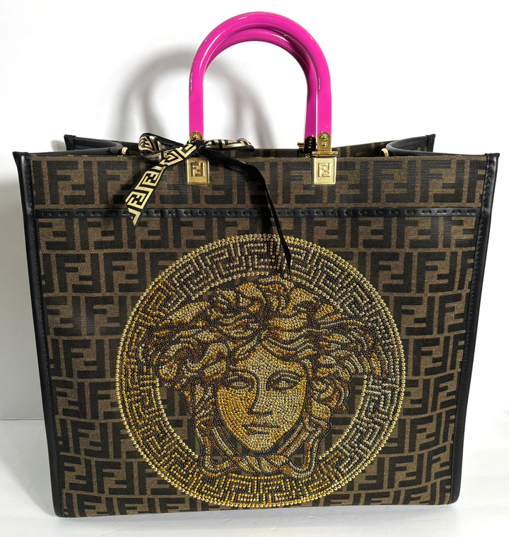 FENDACE FENDI X VERSACE ZUCCA FF MEDUSA STUDDED SUNSHINE LARGE TOTE BAG