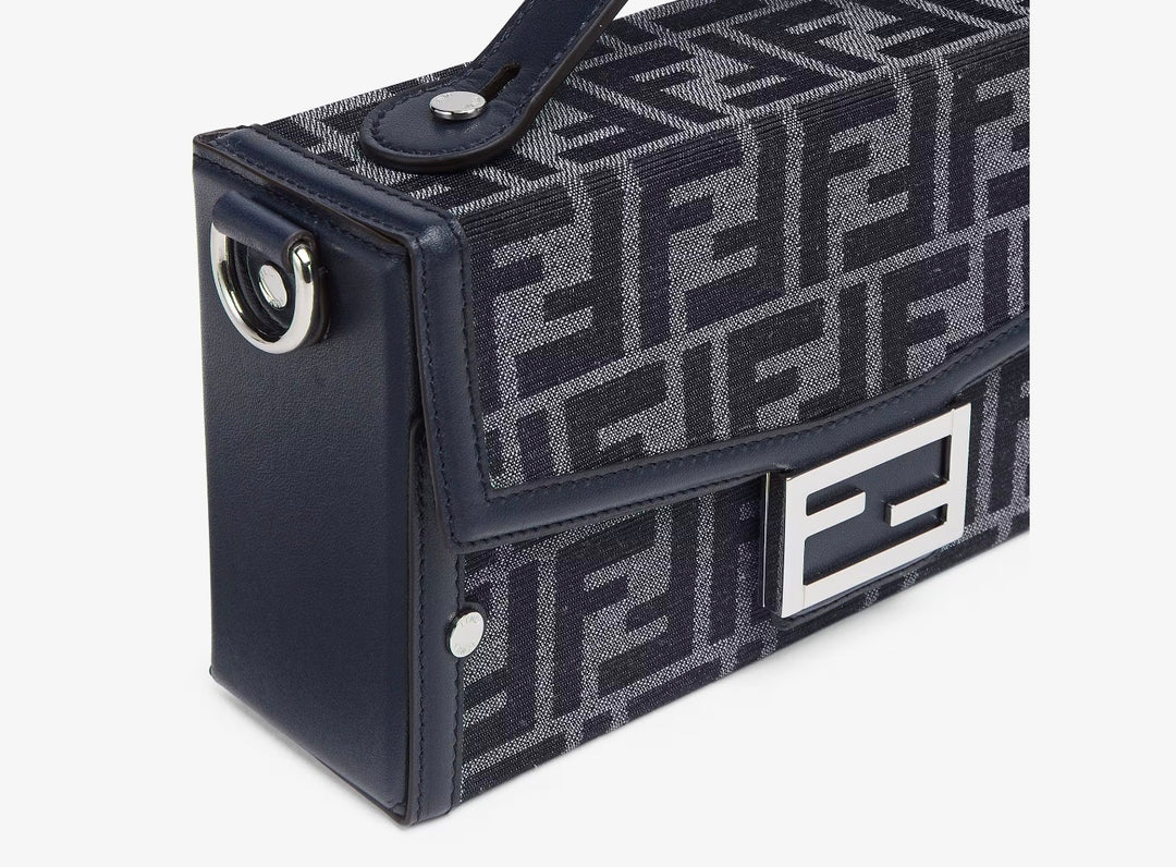 FENDI FF BLUE JACQUARD AND LEATHER SOFT TRUNK BAGUETTE BAG