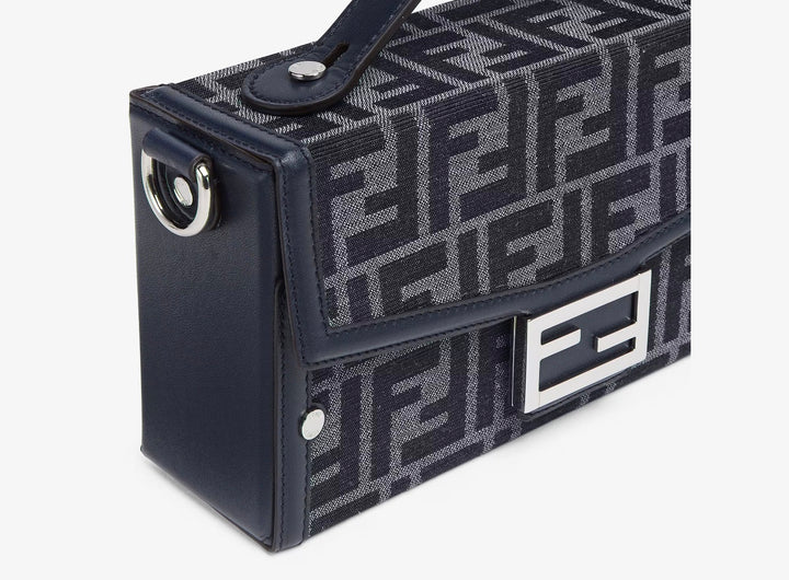 FENDI FF BLUE JACQUARD AND LEATHER SOFT TRUNK BAGUETTE BAG