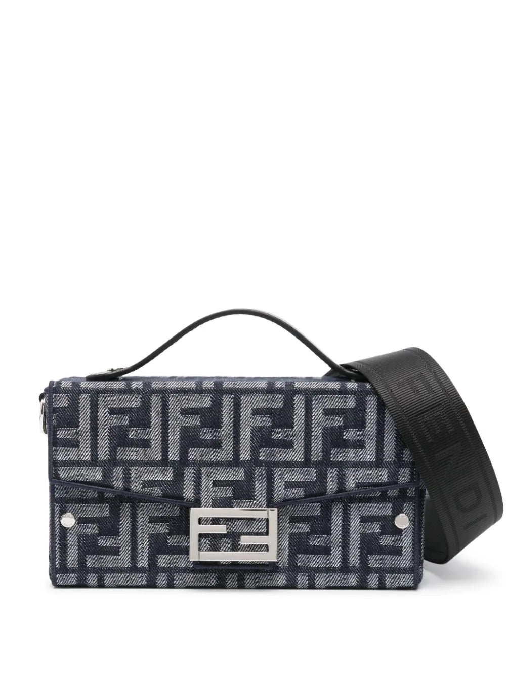 FENDI FF BLUE JACQUARD AND LEATHER SOFT TRUNK BAGUETTE BAG