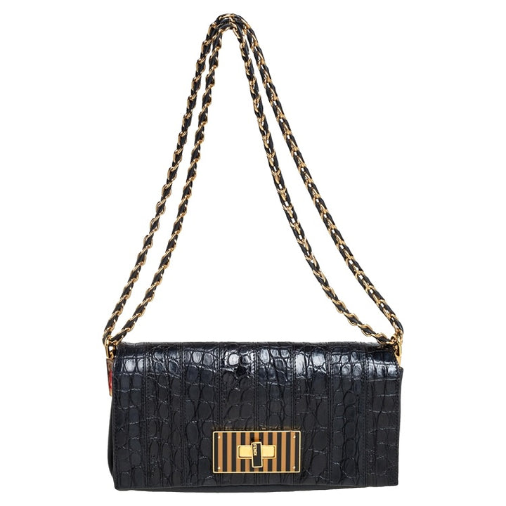 FENDI CLAUDIA CROC EMBOSSED CALFSKIN LEATHER SHOULDER BAG