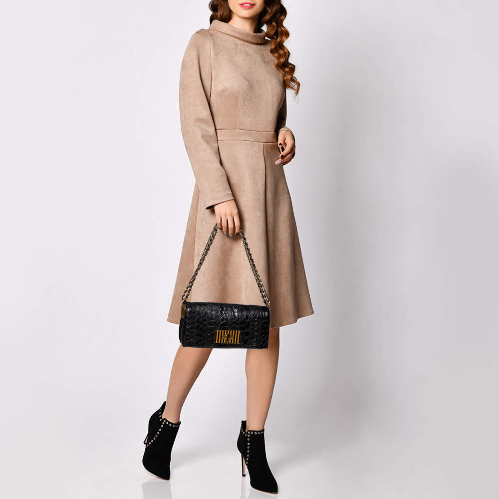 FENDI CLAUDIA CROC EMBOSSED CALFSKIN LEATHER SHOULDER BAG