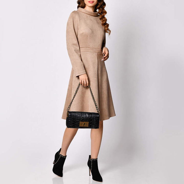 FENDI CLAUDIA CROC EMBOSSED CALFSKIN LEATHER SHOULDER BAG