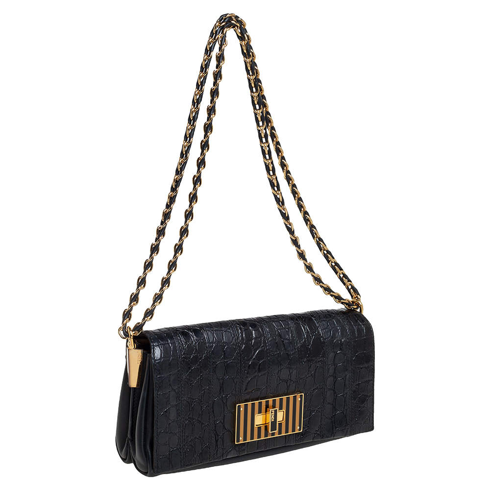 FENDI CLAUDIA CROC EMBOSSED CALFSKIN LEATHER SHOULDER BAG