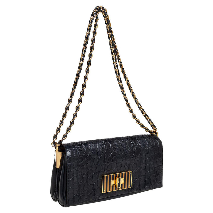 FENDI CLAUDIA CROC EMBOSSED CALFSKIN LEATHER SHOULDER BAG
