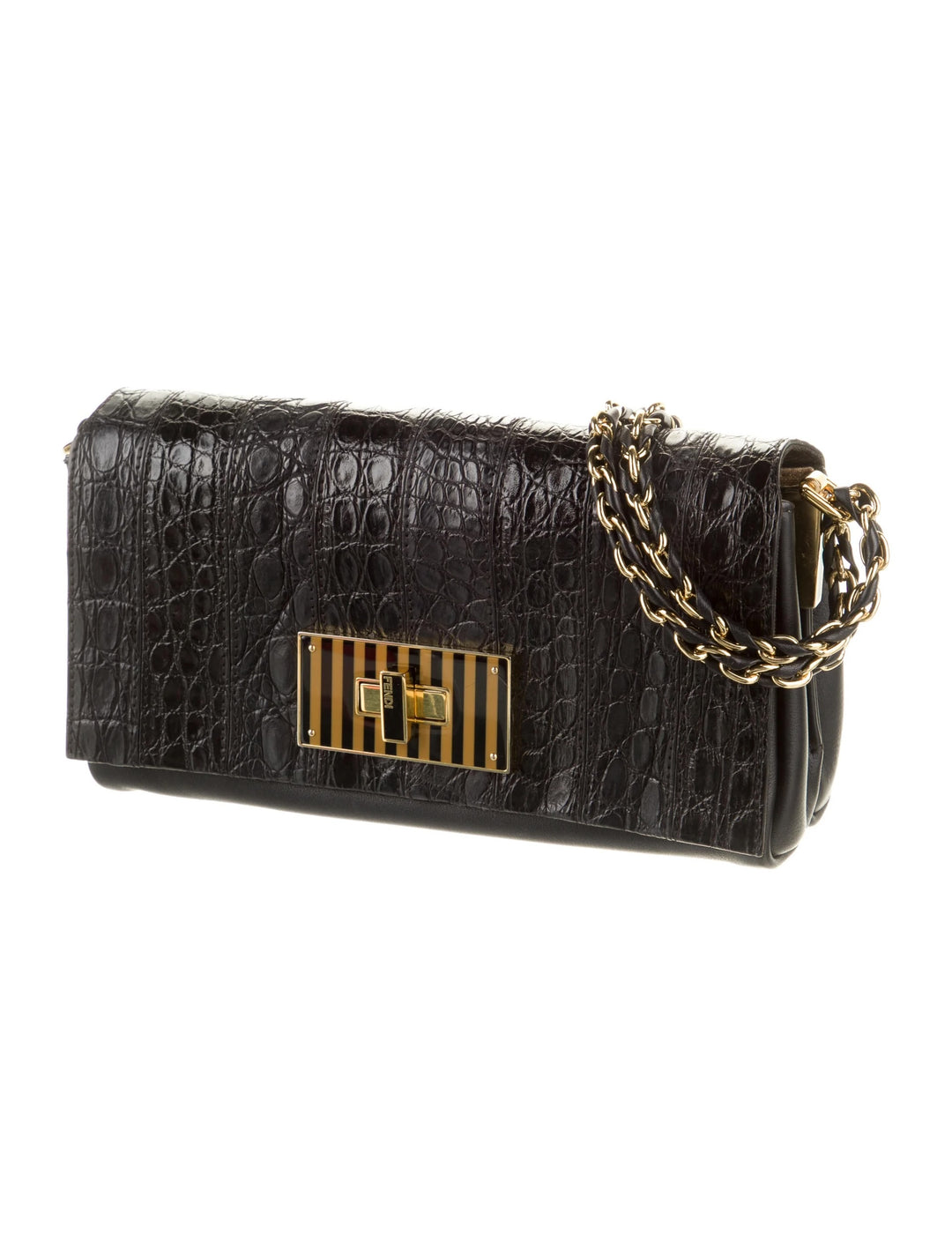 FENDI CLAUDIA CROC EMBOSSED CALFSKIN LEATHER SHOULDER BAG