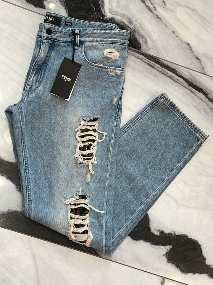 FENDI DISTRESSED FF LOGO JEANS