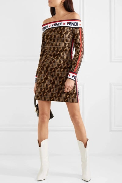 FENDI X FILA MANIA OFF THE SHOULDER PRINTED COTTON BLEND MINI DRESS