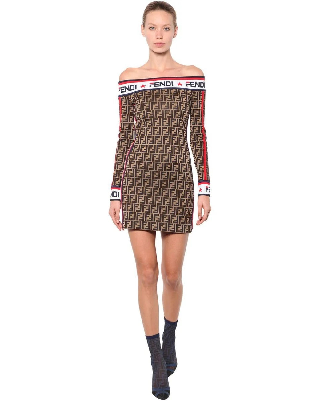 FENDI X FILA MANIA OFF THE SHOULDER PRINTED COTTON BLEND MINI DRESS