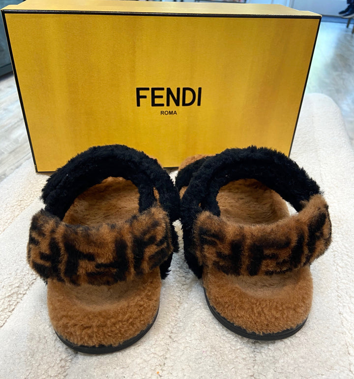 FENDI FEEL FF LOGO SHEARLING SANDALS