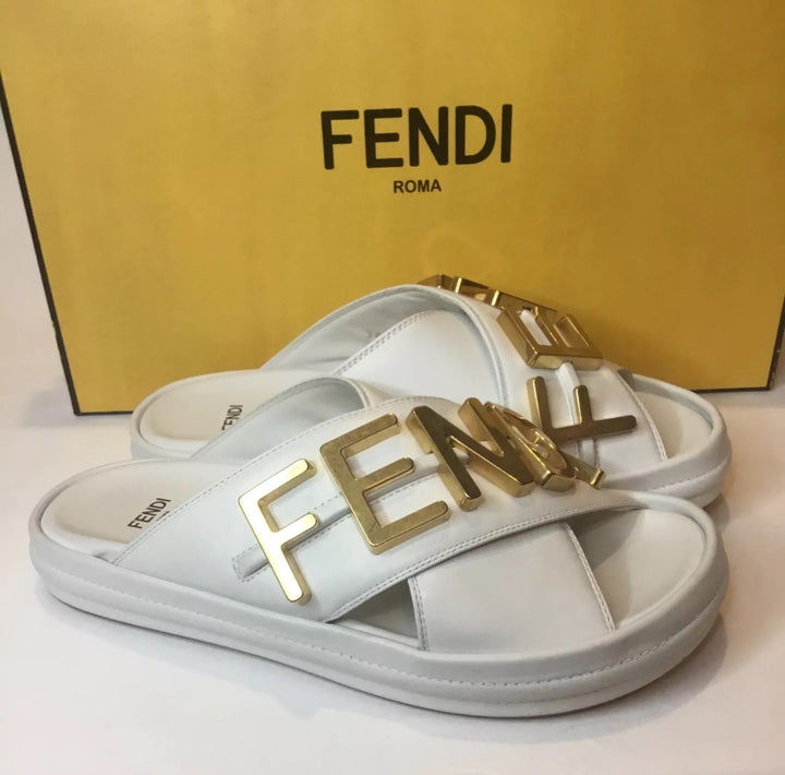 FENDI FENDIGRAPHY LOGO CRISSCROSS LEATHER SLIDE SANDALS