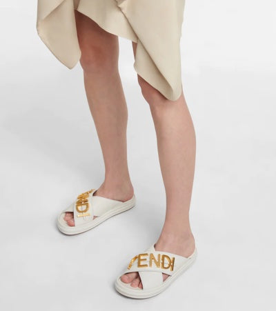 FENDI FENDIGRAPHY LOGO CRISSCROSS LEATHER SLIDE SANDALS Caroline s Fashion Luxuries