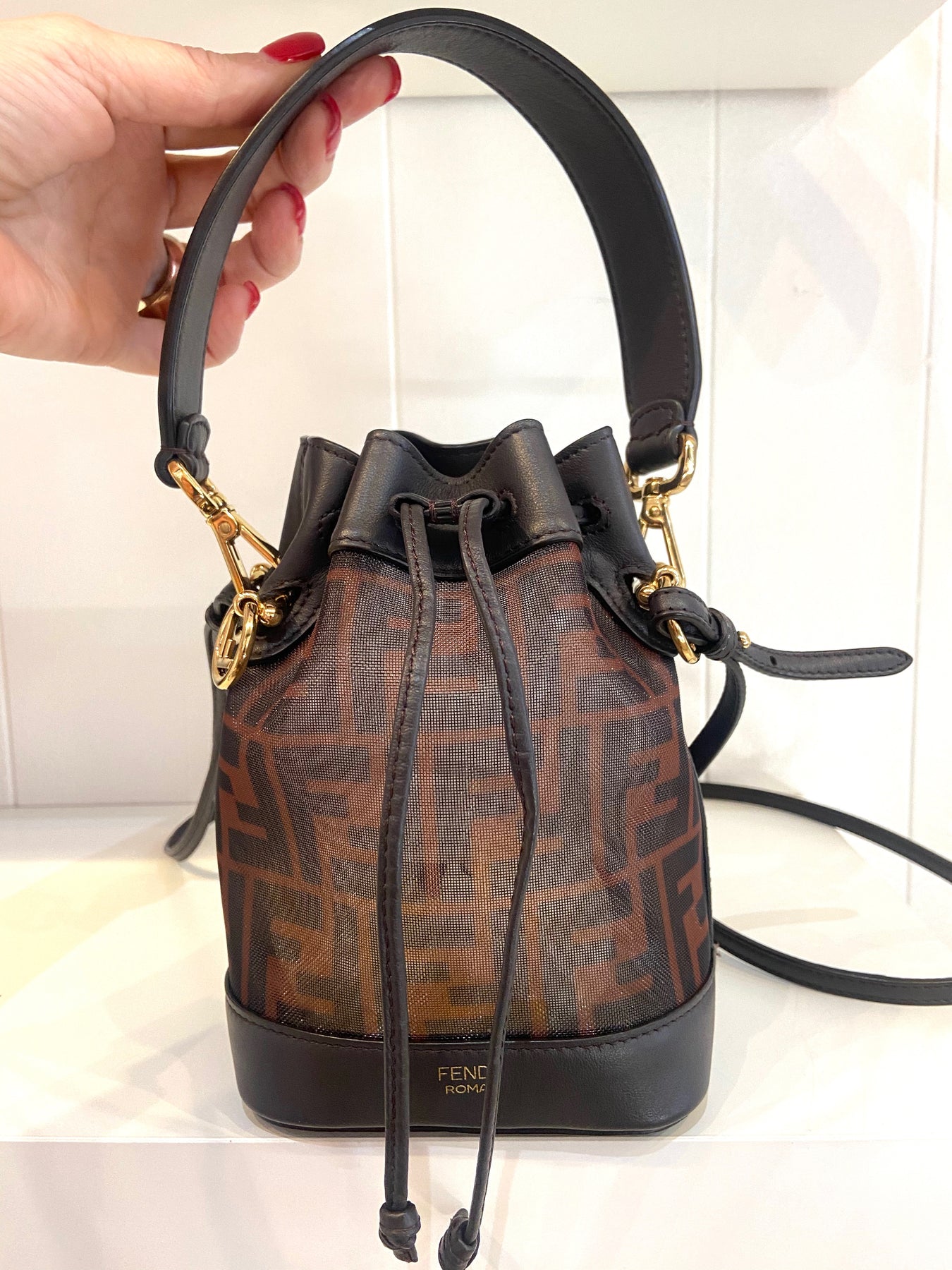 Fendi Mini Mon Tresor Bucket Bag In ROMA Logo Calf Leather Cherry