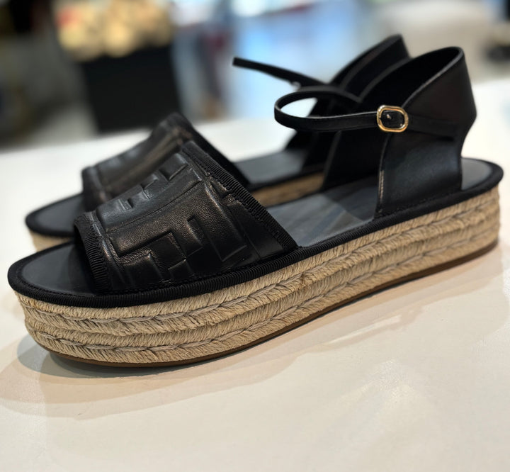FENDI FF EMBOSSED NAPPA LEATHER PLATFORM ESPADRILLS