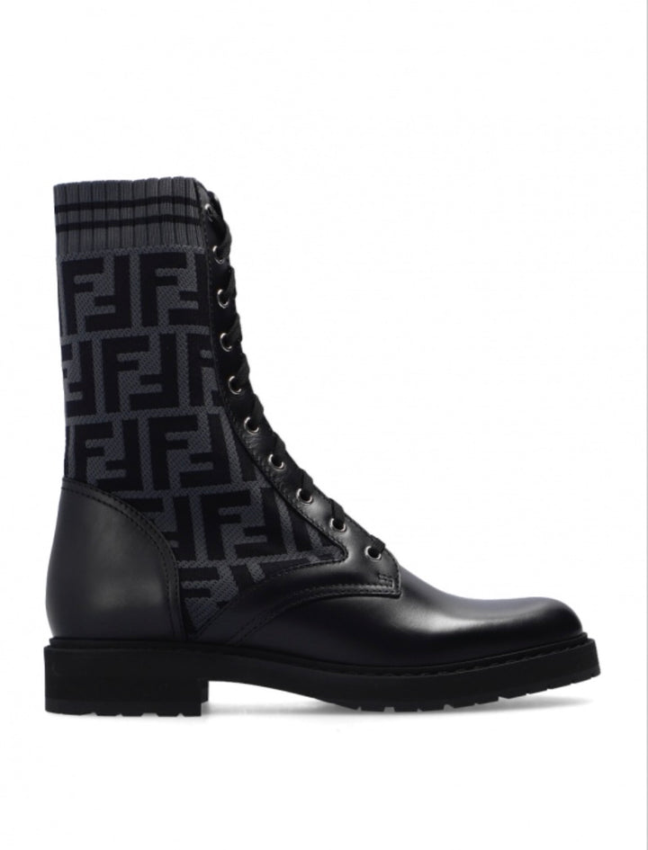 FENDI FF ZUCCA ROCKOKO LEATHER &amp; KNIT COMBAT BOOTS