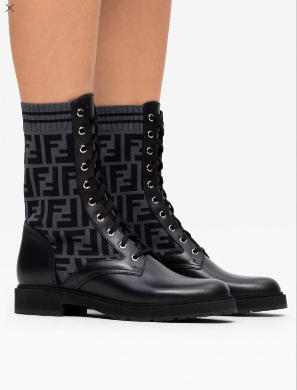 FENDI FF ZUCCA ROCKOKO LEATHER &amp; KNIT COMBAT BOOTS
