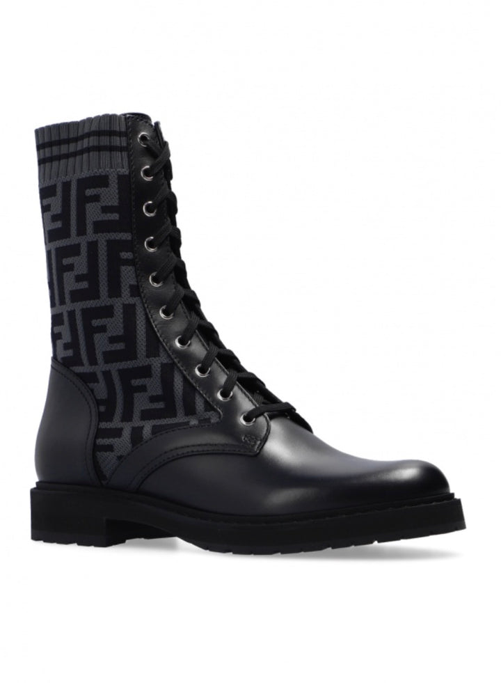 FENDI FF ZUCCA ROCKOKO LEATHER &amp; KNIT COMBAT BOOTS